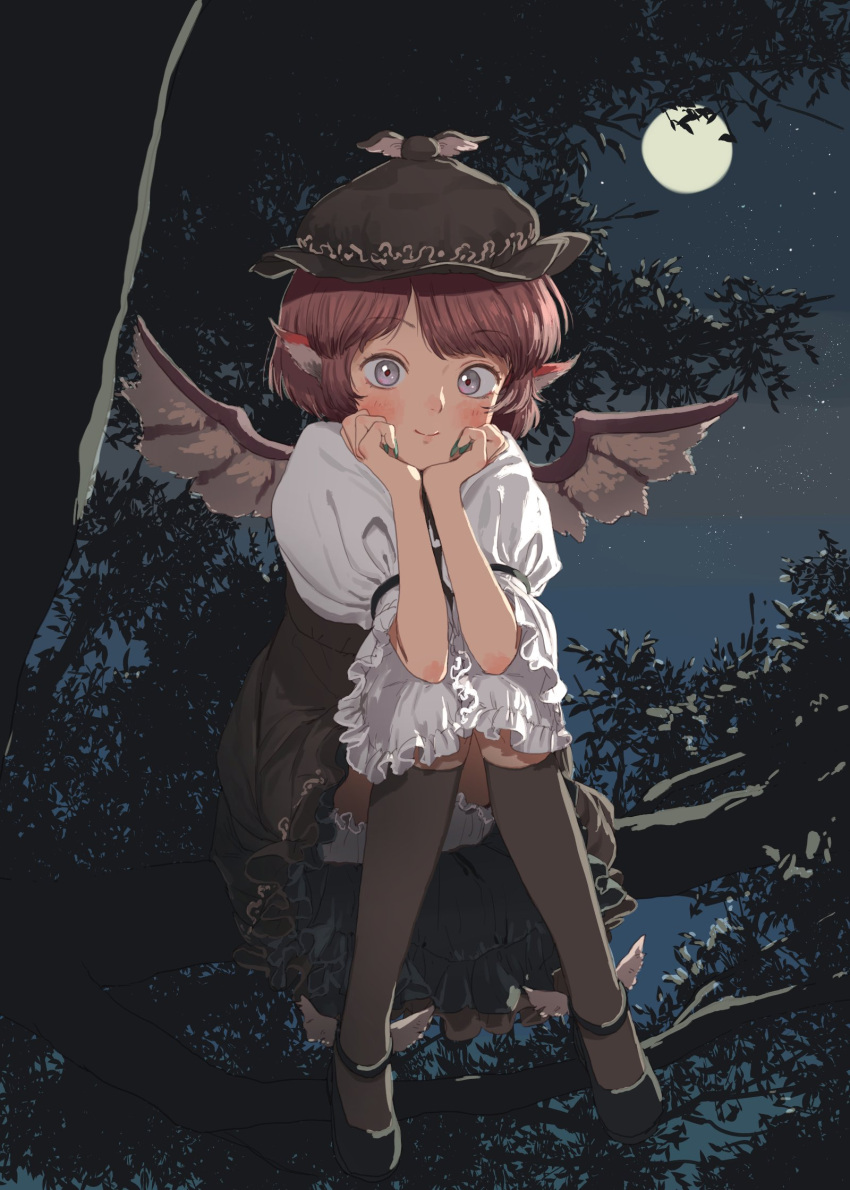 1girl animal_ears aqua_nails backlighting bangs bird_ears bird_wings black_footwear black_shoes bloomers blush brown_dress brown_hat brown_legwear c: chin_rest closed_mouth daifukumochi_(qquuiieett) dress eyebrows_visible_through_hair eyelashes fingernails frilled_dress frilled_sleeves frills full_body full_moon hat highres in_tree kneehighs knees_together_feet_apart lavender_eyes long_fingernails looking_at_viewer mary_janes moon moonlight mystia_lorelei nail_polish night outdoors pink_hair puffy_short_sleeves puffy_sleeves shirt shoes short_hair short_sleeves sitting sitting_in_tree sky smile socks solo star_(sky) swept_bangs touhou tree underwear white_shirt wide_sleeves wings