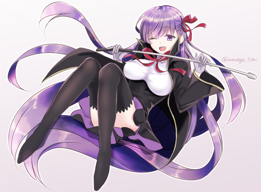 1girl ;d bb_(fate/extra_ccc) black_legwear breasts cape eyebrows_visible_through_hair fate/extra fate/extra_ccc fate_(series) floating_hair full_body gloves grey_background grey_gloves hair_ribbon iwanaga_tm large_breasts long_hair looking_at_viewer one_eye_closed open_mouth purple_hair red_ribbon ribbon signature simple_background smile solo thigh-highs very_long_hair violet_eyes