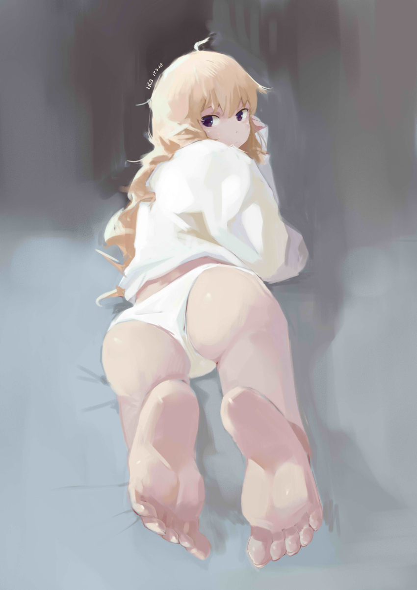 1girl absurdres ass barefoot blonde_hair closed_mouth feet from_behind full_body gabriel_dropout haapi_jang_p hair_between_eyes highres long_hair looking_back messy_hair no_pants panties shirt sleeves_past_wrists soles solo tenma_gabriel_white underwear violet_eyes