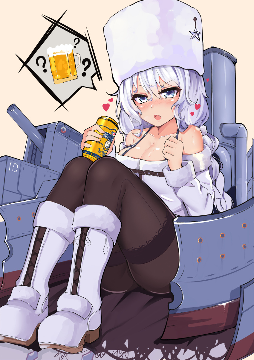 &gt;:o 1girl :o ? absurdres alcohol bare_shoulders beer beige_background bilan_hangxian blue_eyes blush boots braid breasts brown_legwear can cannon character_request cleavage clenched_hand collarbone commentary_request drunk foreshortening fur-trimmed_boots fur_trim hair_between_eyes hat heart highres holding knee_boots knees_up legs_together long_hair long_sleeves looking_at_viewer machinery medium_breasts nose_blush off_shoulder open_mouth pantyhose shiny shiny_skin silver_hair simple_background single_braid slm soda_can solo speech_bubble spoken_object star sweat tsurime turret very_long_hair white_boots white_hat