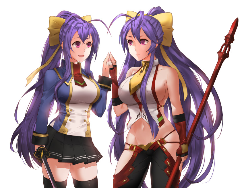 2girls :d absurdres age_comparison antenna_hair backless_outfit bangs bare_shoulders black_legwear black_pants black_skirt blazblue blazblue:_central_fiction blazblue_remix_heart blazblue_variable_heart blazer blue_hair bow breasts cowboy_shot dual_persona eye_contact fingerless_gloves genderswap genderswap_(mtf) gloves hair_between_eyes hair_bow halter_top halterneck hand_holding hands_together highres holding holding_sword holding_weapon jacket large_breasts long_hair long_sleeves looking_at_another lowleg lowleg_pants mai_natsume midriff multiple_girls navel no_bra no_panties open_mouth outseal pants pleated_skirt polearm ponytail red_gloves revealing_clothes ribbon school_uniform sendrawz sideboob sidelocks simple_background skirt smile spear standing sword thigh-highs thighs time_paradox very_long_hair violet_eyes weapon white_background yellow_bow