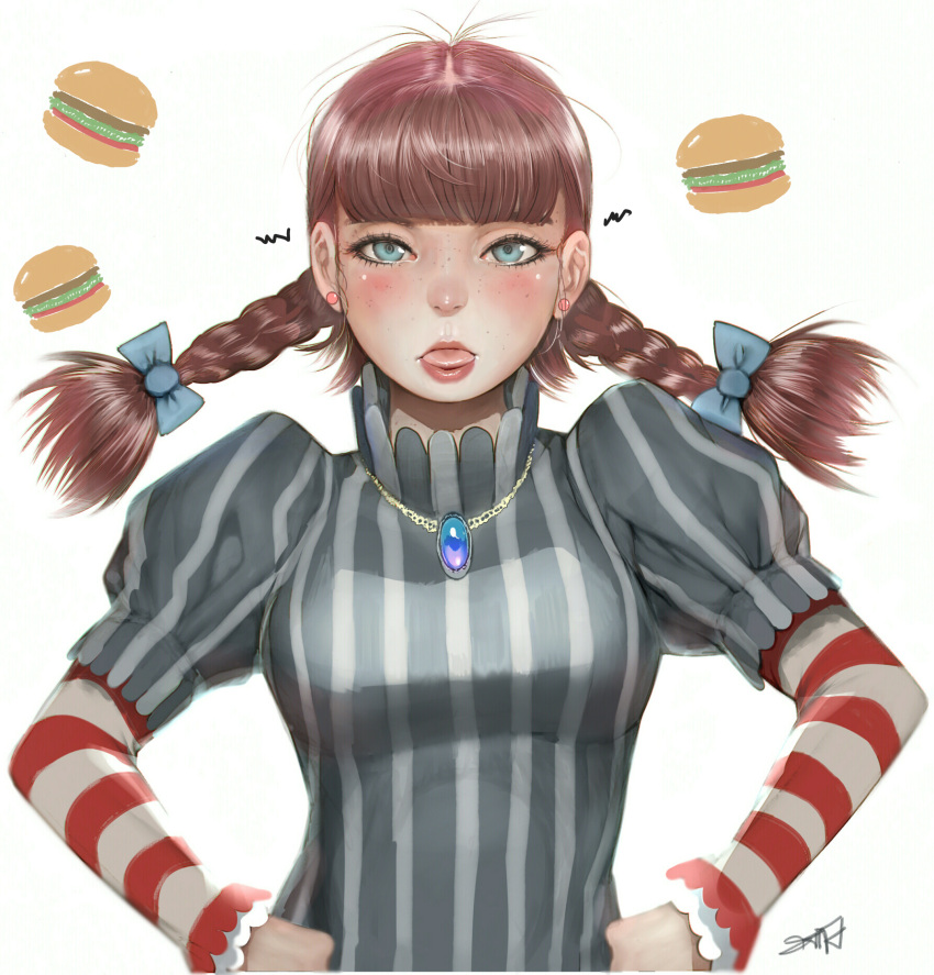 1girl bangs blue_bow blue_eyes blunt_bangs blush bow braid breasts brown_hair earrings eyelashes food freckles gem gold hair_bow hamburger hands_on_hips highres horizontal_stripes jewelry juliet_sleeves long_hair long_sleeves looking_at_viewer low-tied_long_hair medium_breasts necklace parted_lips puffy_sleeves randy_(awesomevillage) red_lips shirt short_over_long_sleeves signature simple_background solo squiggle striped striped_shirt striped_sleeves tongue tongue_out twin_braids vertical_stripes wendy's wendy_(wendy's) white_background
