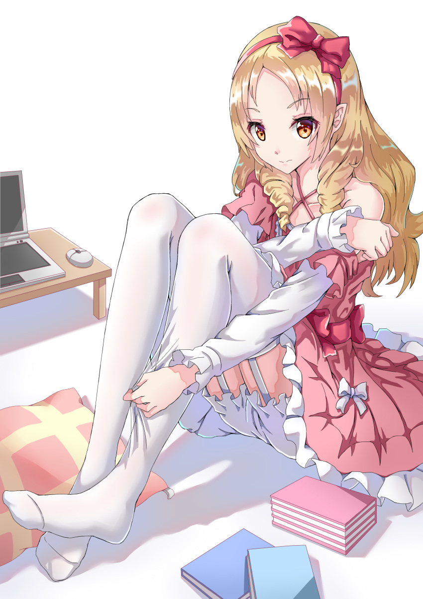 1girl absurdres adjusting_clothes adjusting_legwear blonde_hair bloomers book book_stack bow computer computer_mouse dress drill_hair eromanga_sensei feet full_body garter_straps hairband highres laptop lolita_fashion long_hair looking_at_viewer nisemono no_shoes off_shoulder orange_eyes pillow pink_bow pink_dress pointy_ears sitting solo thigh-highs twin_drills underwear white_legwear yamada_elf