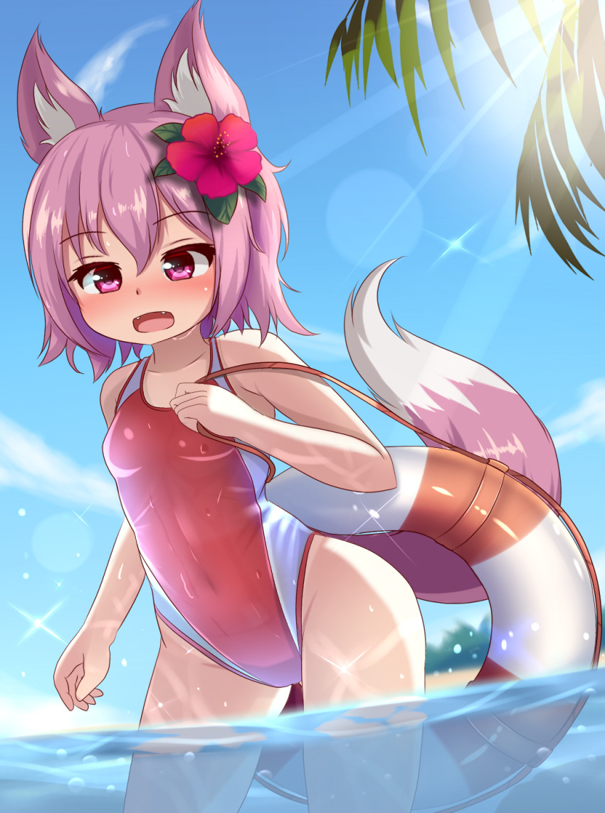 1girl animal_ears competition_swimsuit cowboy_shot fangs flat_chest flower fox_ears fox_tail hair_flower hair_ornament hibiscus highres hotel01 innertube one-piece_swimsuit open_mouth original pink_hair red_eyes red_swimsuit short_hair solo sun swimsuit tail wading water