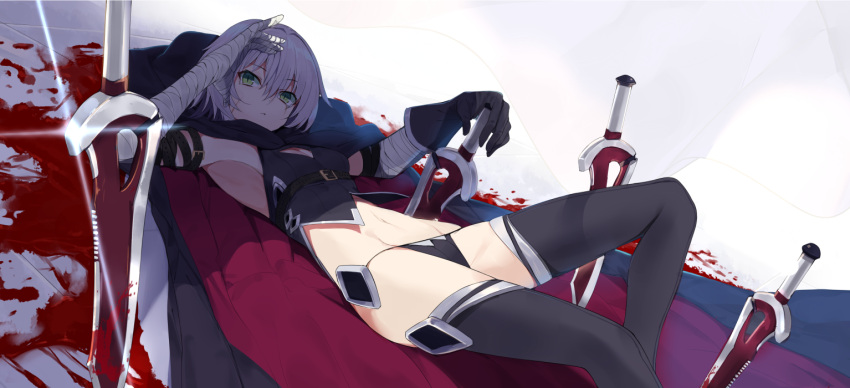 1girl armpits assassin_of_black bandage bandaged_arm bare_shoulders belt belt_buckle black_legwear black_panties blood blood_splatter bloody_weapon breasts buckle cape closed_mouth dagger dutch_angle eyebrows_visible_through_hair fate/apocrypha fate/grand_order fate_(series) glint gloves green_eyes looking_at_viewer lying navel on_back panties scar short_hair silver_hair single_glove solo thigh-highs touzai_(poppin_phl95) underwear weapon