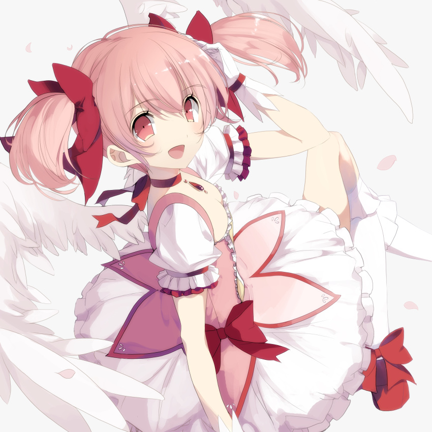 absurdres bubble_skirt feathered_wings gloves hand_on_head highres kaname_madoka mahou_shoujo_madoka_magica misteor pink_eyes pink_hair short_hair sitting skirt socks twintails white_gloves white_legwear wings