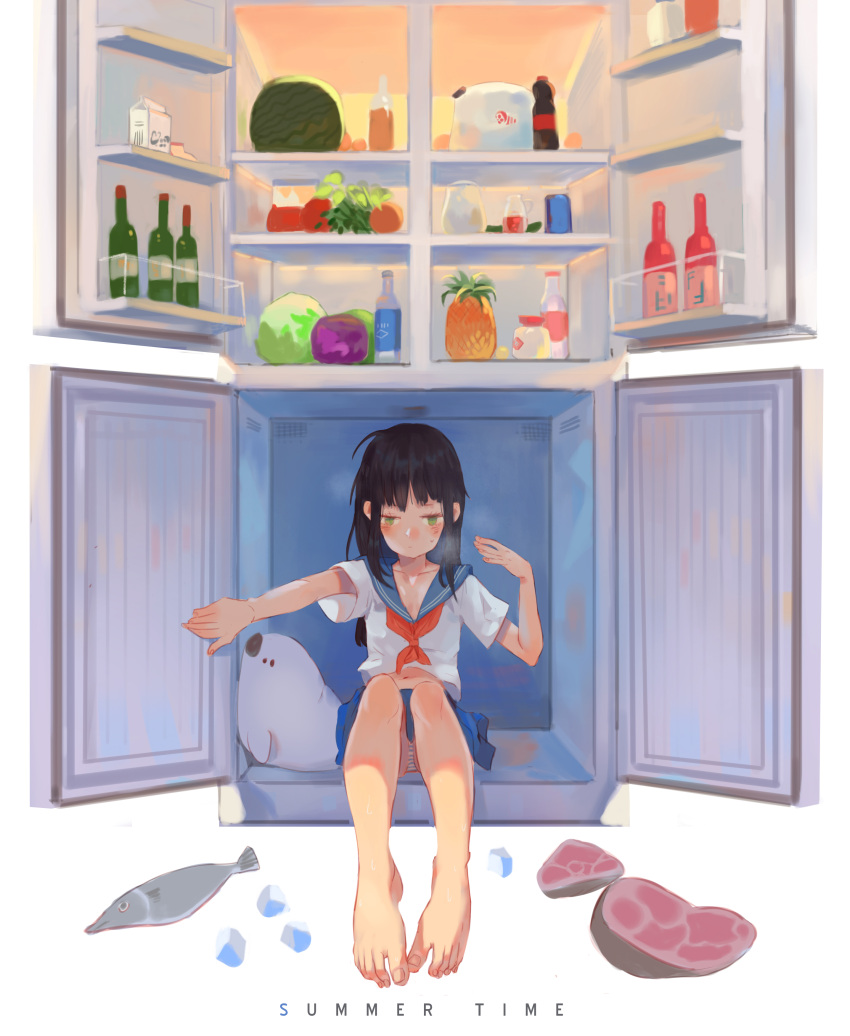 1girl absurdres bangs barefoot black_hair blunt_bangs bottle collarbone feet fish food fruit green_eyes highres hot in_container in_refrigerator long_hair long_toes meat navel orange_hair original panties pineapple pleated_skirt refrigerator school_uniform seal serafuku short_sleeves shrimp_cc simple_background sitting skirt solo striped striped_panties summer sweat toes underwear watermelon white_background