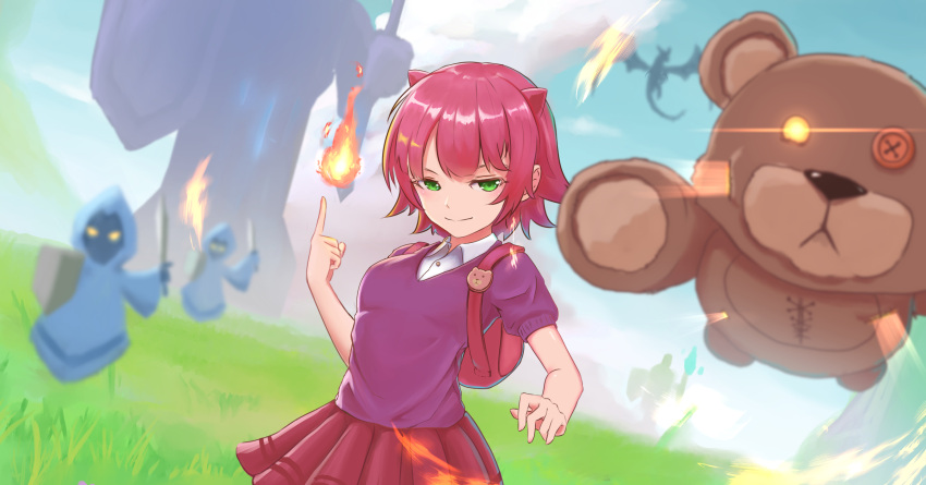 animal_ears annie_hastur bag breasts collared_shirt day dragon fake_animal_ears fire grass green_eyes half-closed_eyes highres league_of_legends light_smile looking_at_viewer outdoors purple_hair shirt short_hair skirt sky smile stuffed_animal stuffed_toy sweater_vest teddy_bear tibbers yeyufeng