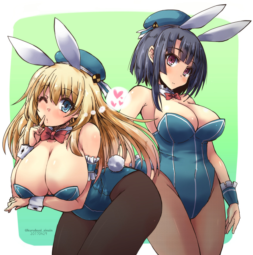 1girl adapted_costume animal_ears artist_name atago_(kantai_collection) beret black_hair blonde_hair blue_eyes blush bow bowtie breasts bunny_tail bunnysuit cleavage covered_navel dated hat highres kantai_collection large_breasts leotard pantyhose rabbit_ears red_eyes shinshin short_hair simple_background smile solo tail takao_(kantai_collection) unmoving_pattern wrist_cuffs