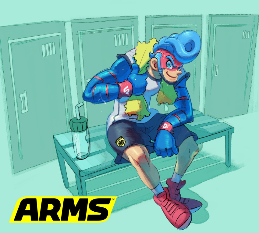 1boy al_bhed_eyes arms_(game) blue_hair boxing_gloves domino_mask drill_hair full_body highres male_focus mask nintendo official_art pompadour short_hair shorts smile solo spring_man_(arms)