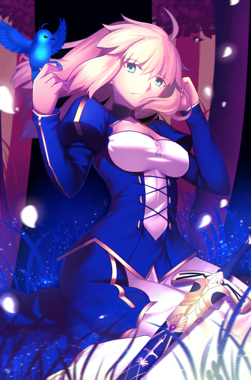 1girl absurdres ahoge bird bird_on_hand blonde_hair blue_eyes breasts cleavage dress eyebrows_visible_through_hair fate/stay_night fate_(series) forest hand_in_hair highres long_hair medium_breasts nature paperfinger parted_lips petals saber sitting solo sword weapon white_dress