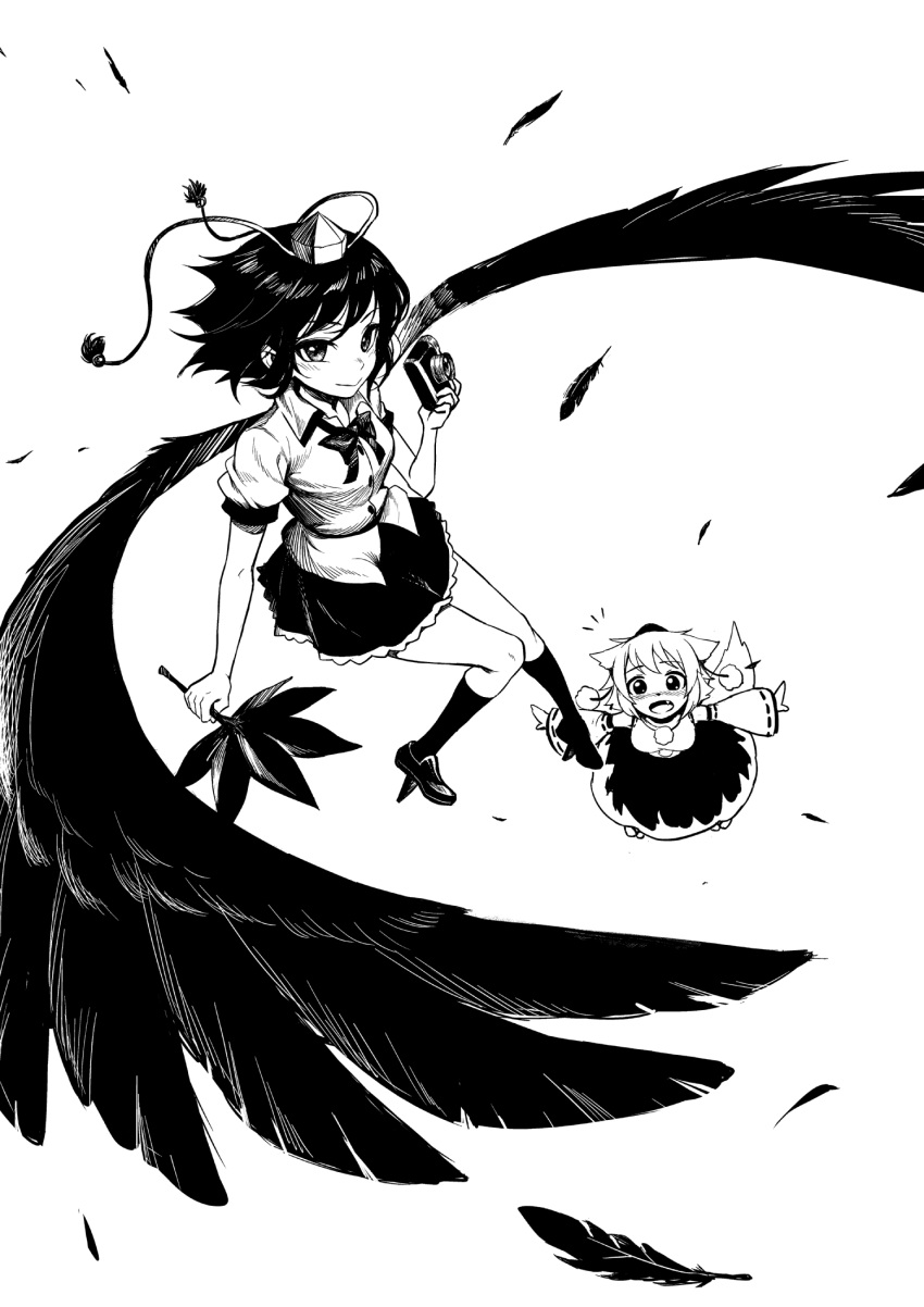 2girls black_wings camera collared_shirt detached_sleeves fan feathered_wings feathers fkey from_above geta greyscale hat highres holding inubashiri_momiji kneehighs looking_at_viewer miniskirt monochrome multiple_girls pom_pom_(clothes) puffy_short_sleeves puffy_sleeves ribbon-trimmed_sleeves ribbon_trim shameimaru_aya shirt short_hair short_sleeves simple_background skirt smile tengu-geta tokin_hat touhou white_background wide_sleeves wing_collar wings