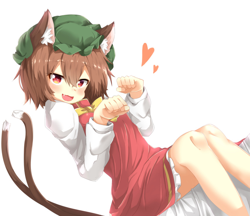 1girl :3 animal_ears blouse bow brown_hair cat_ears cat_tail chen dress fang green_hat hat heart long_sleeves mob_cap multiple_tails neko_pachi open_mouth paw_pose red_dress red_eyes simple_background solo tail touhou two_tails white_background white_blouse yellow_bow
