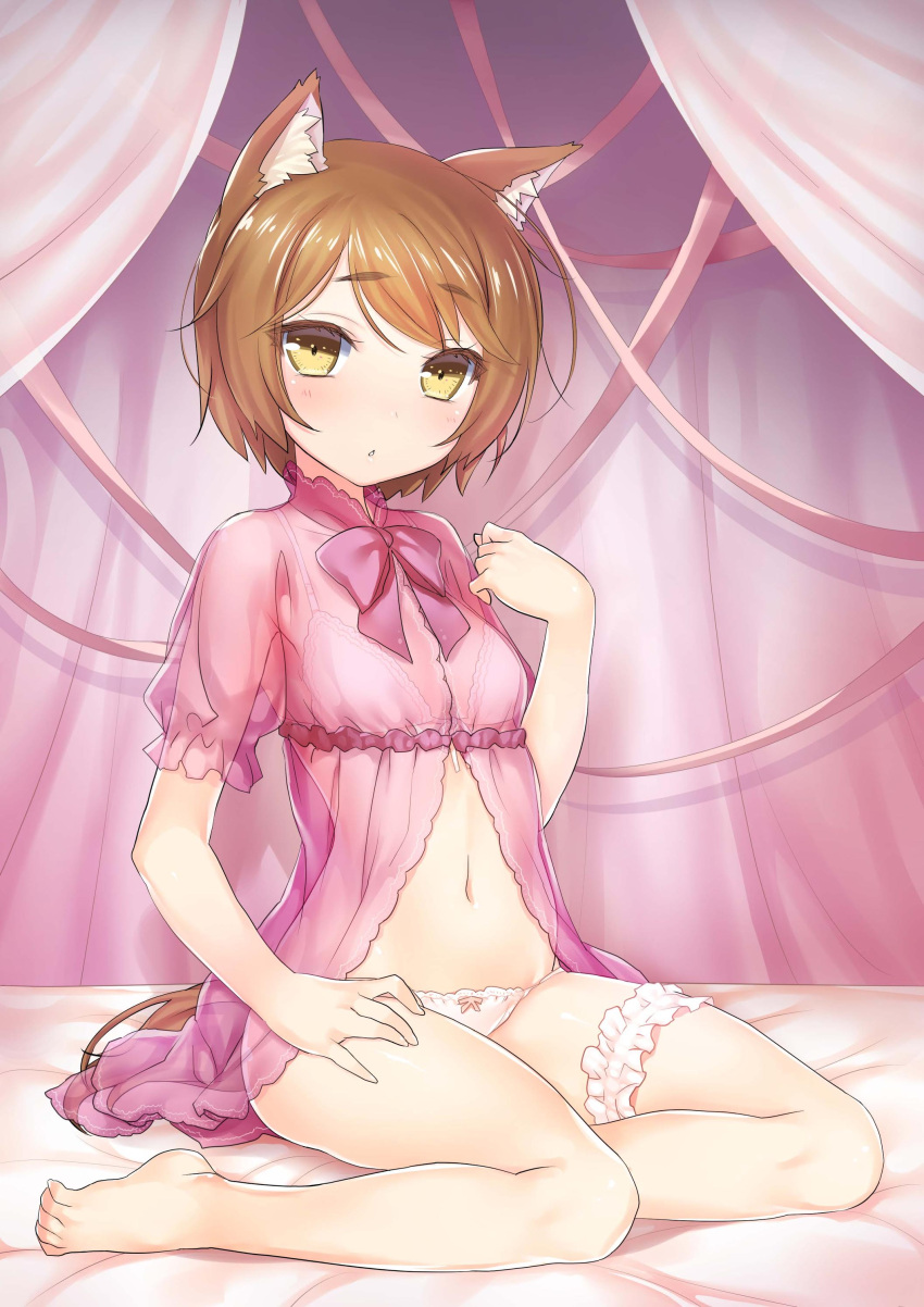 1girl 47agdragon absurdres animal_ears barefoot bra breasts brown_hair copyright_request frills highres leg_garter looking_at_viewer on_bed panties see-through short_hair sitting small_breasts solo tail underwear underwear_only white_bra white_panties yellow_eyes yokozuwari