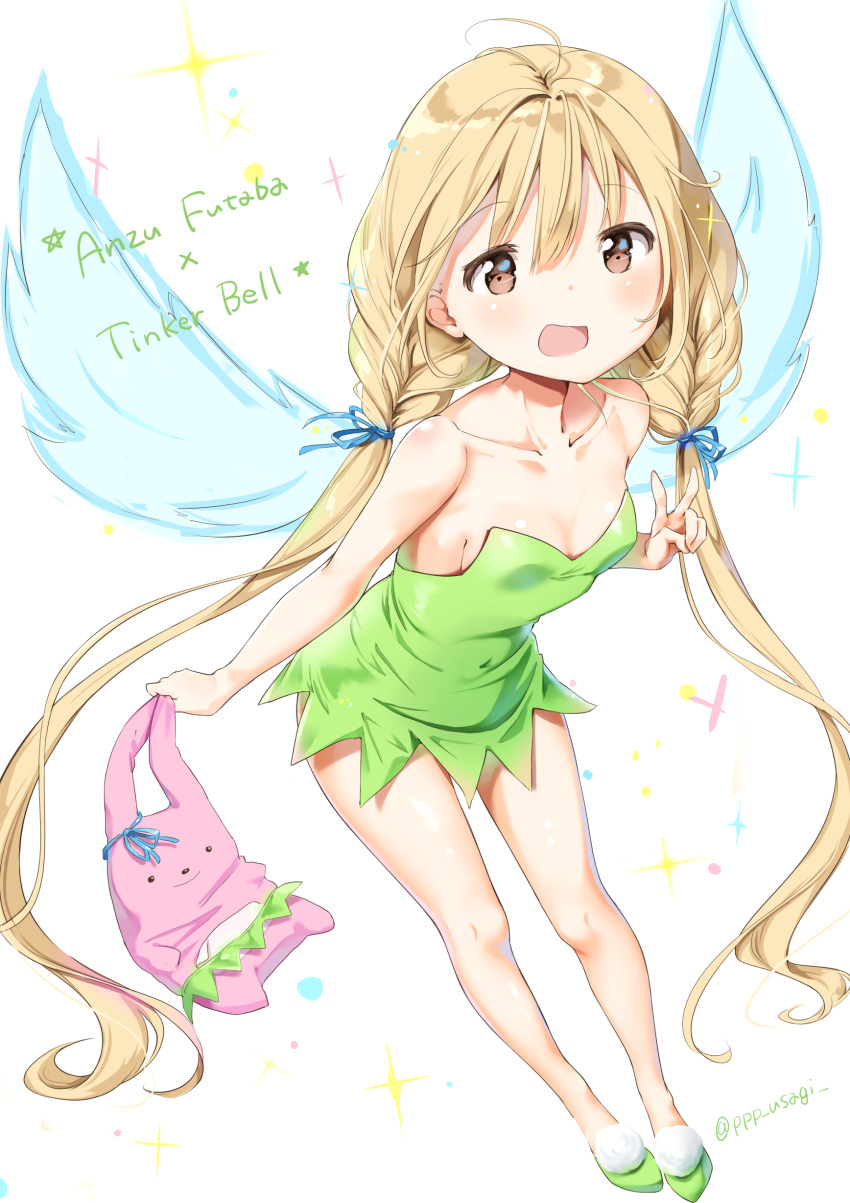 1girl absurdres bare_shoulders blonde_hair breasts brown_eyes character_name cleavage collarbone cosplay disney dress fairy fairy_wings futaba_anzu green_dress hair_ribbon highres idolmaster idolmaster_cinderella_girls long_hair low_twintails open_mouth peter_pan_(disney) ribbon shiratama_akane shoes short_dress skirt small_breasts smile solo strapless strapless_dress stuffed_animal stuffed_bunny stuffed_toy tinker_bell_(disney) tinker_bell_(disney)_(cosplay) twintails twitter_username v very_long_hair white_background wings