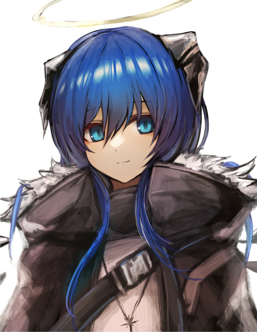 1girl 3_(sanyako1) arknights black_jacket blue_eyes blue_hair cross cross_necklace demon_horns fur-trimmed_jacket fur_trim hair_between_eyes highres horns jacket jewelry long_hair looking_at_viewer mostima_(arknights) necklace open_clothes open_jacket shirt simple_background smile solo upper_body white_background
