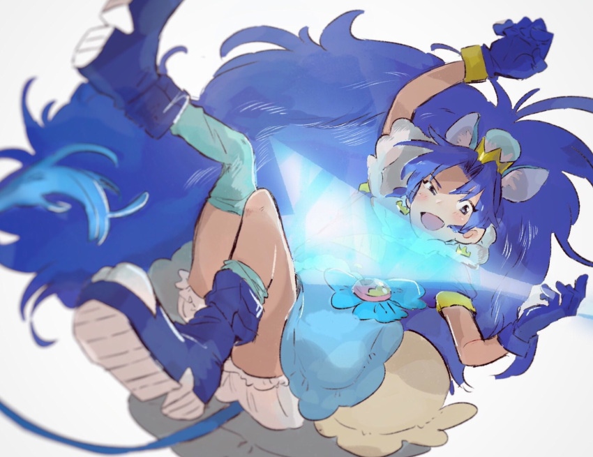 1girl air_guitar animal_ears blue_choker blue_eyes blue_gloves blue_hair blurry boots choker crown cure_gelato depth_of_field earrings extra_ears food_themed_hair_ornament full_body gloves hair_ornament half-closed_eye highres jewelry kebe6p kirakira_precure_a_la_mode lion_ears lion_tail long_hair magical_girl mismatched_footwear open_mouth precure simple_background smile solo tail tategami_aoi thighs