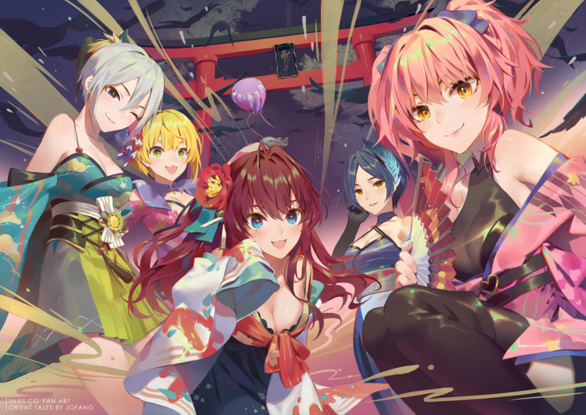 5girls bangs bare_shoulders bird black_hair black_legwear blonde_hair blue_eyes breasts brown_hair crow detached_sleeves fan flower folding_fan green_eyes hair_flower hair_ornament hayami_kanade ichinose_shiki idolmaster idolmaster_cinderella_girls japanese_clothes jougasaki_mika kimono lamier lipps_(idolmaster) long_hair looking_at_viewer miyamoto_frederica multiple_girls one_eye_closed open_mouth parted_bangs pink_hair shiomi_shuuko short_hair smile thigh-highs torii two_side_up umbrella yellow_eyes