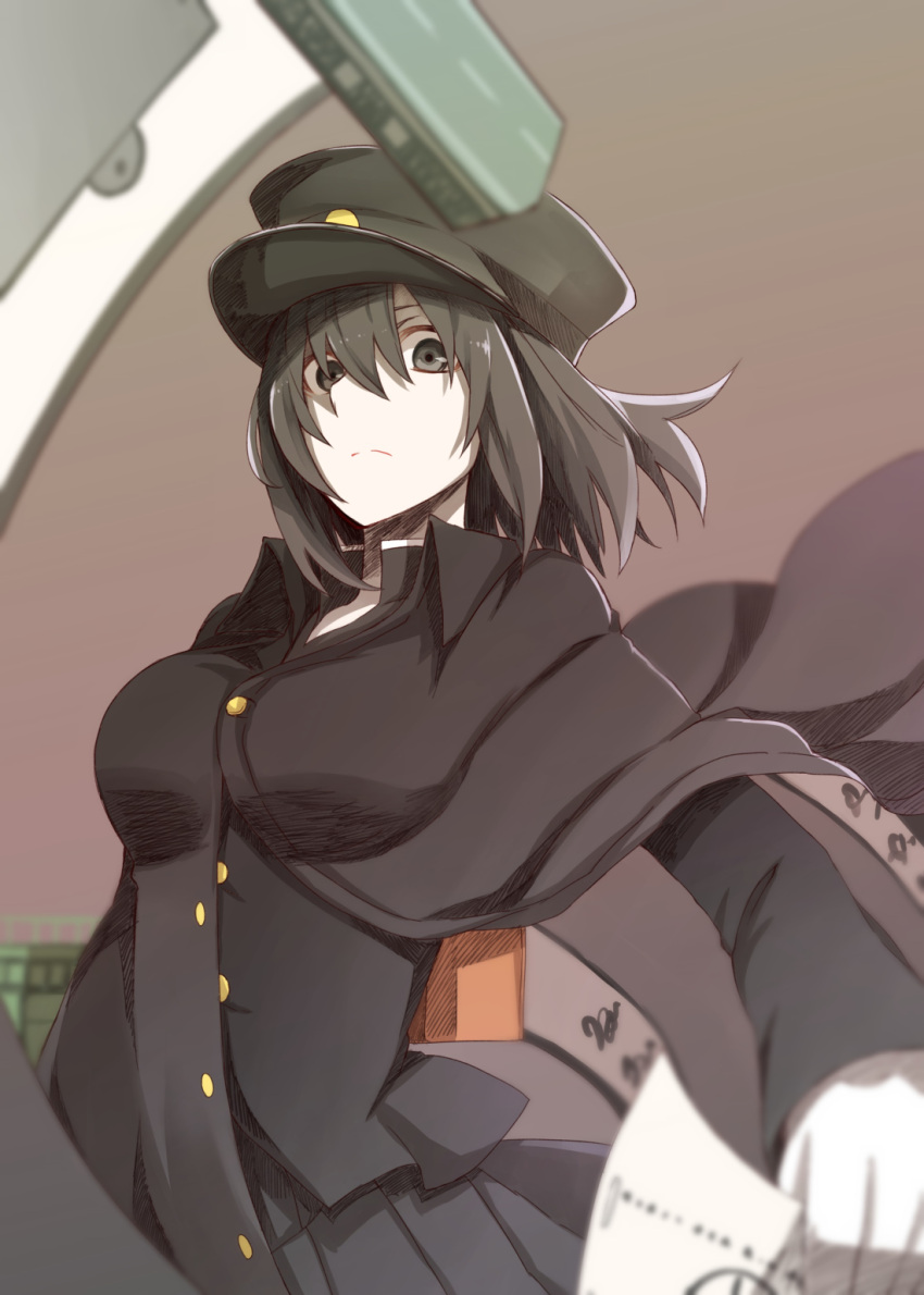 1girl akitsu_maru_(kantai_collection) black_eyes black_hair blurry breasts cape commentary_request depth_of_field downscaled gloves hair_between_eyes hat highres holding holding_paper kantai_collection large_breasts looking_at_viewer md5_mismatch military pale_skin paper resized scroll short_hair simple_background skirt solo tsukamoto_minori upper_body white_gloves wind