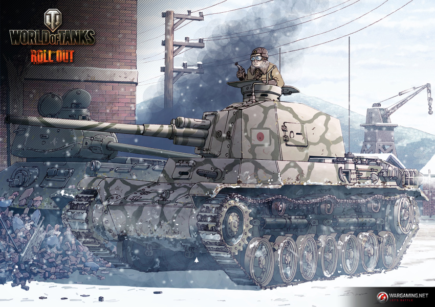 1boy building clouds earasensha ground_vehicle highres imperial_japanese_army military military_vehicle motor_vehicle sky snow snowing t-34 tank type_4_chi-to wargaming_japan world_of_tanks