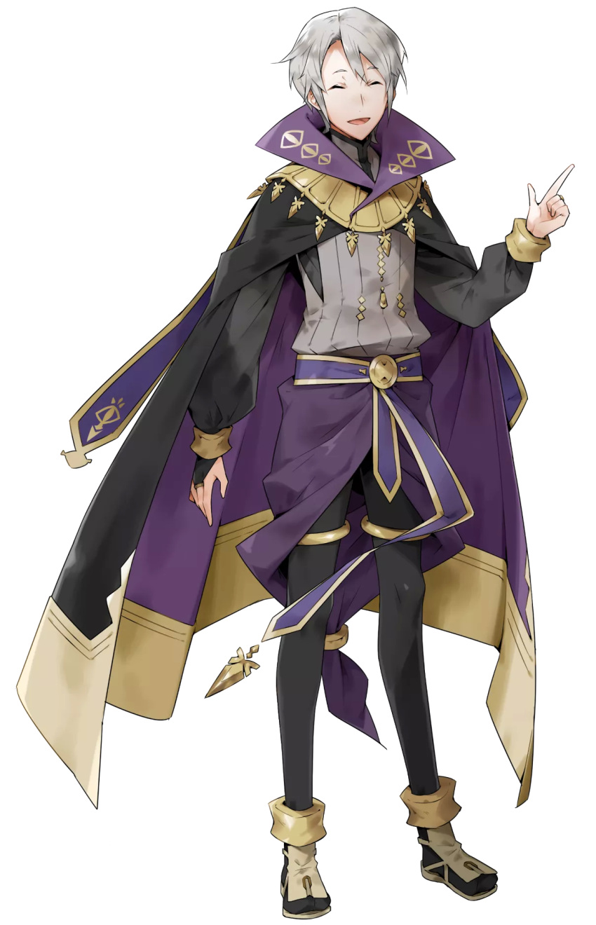 1boy cape closed_eyes fire_emblem fire_emblem:_kakusei fire_emblem_heroes full_body henry_(fire_emblem) highres looking_at_viewer male_focus official_art open_mouth short_hair smile solo white_hair
