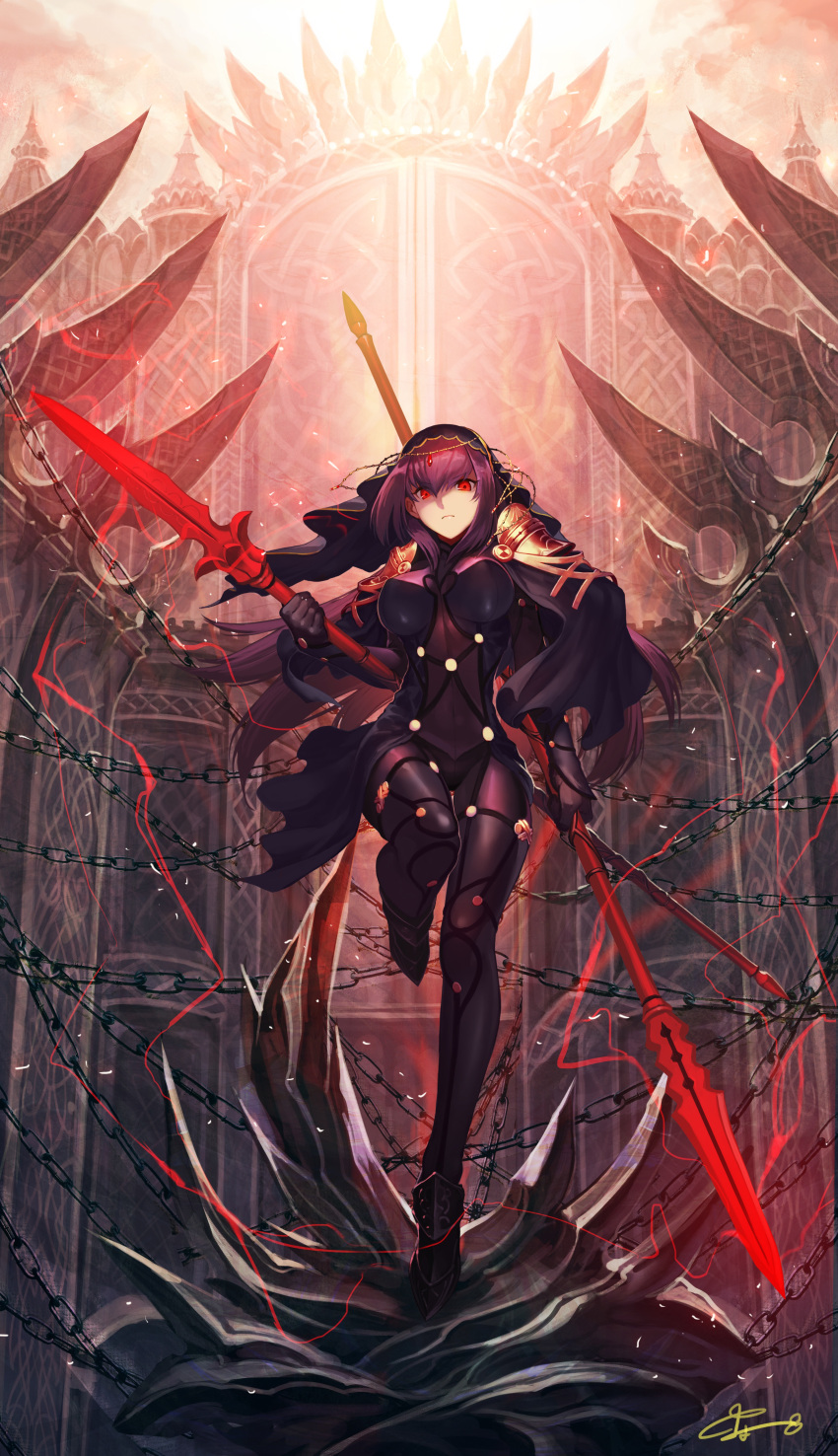 1girl absurdres bangs bodysuit breasts closed_mouth commentary_request covered_navel dual_wielding electricity fate/grand_order fate_(series) frown full_body gae_bolg gate highres holding holding_weapon large_breasts long_hair looking_at_viewer nkmr8 pauldrons polearm purple_bodysuit purple_hair red_eyes revision scathach_(fate/grand_order) solo spear standing veil very_long_hair weapon