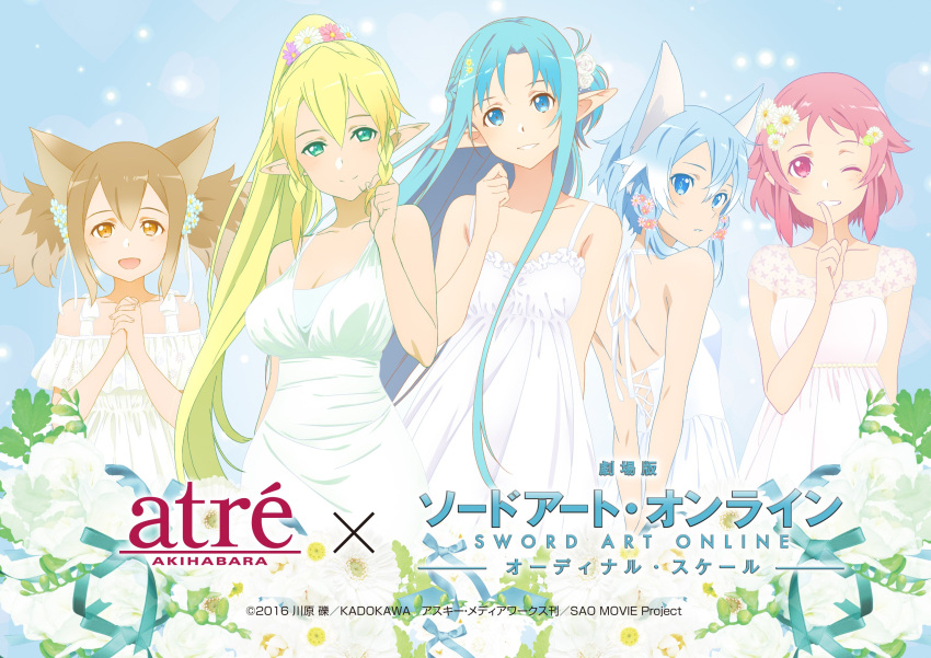 5girls :d animal_ears arms_behind_back asuna_(sao-alo) blonde_hair blue_eyes blue_hair braid breasts brown_hair cat_ears collarbone copyright_name day dress finger_to_mouth floating_hair flower green_eyes hair_between_eyes hair_flower hair_ornament hands_clasped head_tilt head_wreath high_ponytail highres index_finger_raised kirigaya_suguha large_breasts lisbeth_(sao-alo) long_hair looking_at_viewer looking_back multiple_girls official_art one_eye_closed open_mouth outdoors parted_lips pink_hair pointy_ears red_eyes shinon_(sao-alo) short_hair_with_long_locks sidelocks silica_(sao-alo) sleeveless sleeveless_dress small_breasts smile standing sword_art_online twin_braids twintails upper_body very_long_hair wedding_dress white_dress white_flower