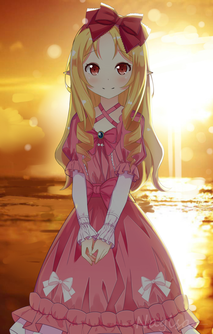 1girl absurdres bangs blonde_hair blush bow bowtie brown_eyes closed_mouth clouds commentary_request dress eromanga_sensei eyebrows_visible_through_hair frilled_skirt frilled_sleeves frills gem hair_bow halter_top halterneck highres long_hair long_sleeves looking_at_viewer nagisa_(pixiv17634981) ocean outdoors pink_bow pink_bowtie pink_dress pointy_ears red_bow scenery skirt sky smile solo sun sunlight sunset v_arms water white_bow yamada_elf