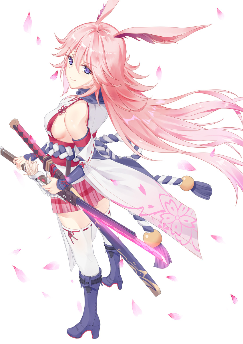 1girl 5plus benghuai_xueyuan blue_boots blue_eyes boots breasts detached_sleeves from_side full_body hair_between_eyes high_heel_boots high_heels highres katana large_breasts long_hair looking_at_viewer looking_to_the_side petals pink_hair ribbon ribbon-trimmed_legwear ribbon-trimmed_sleeves ribbon_trim sideboob simple_background solo sword thigh-highs very_long_hair weapon white_background yaezakura_(benghuai_xueyuan)