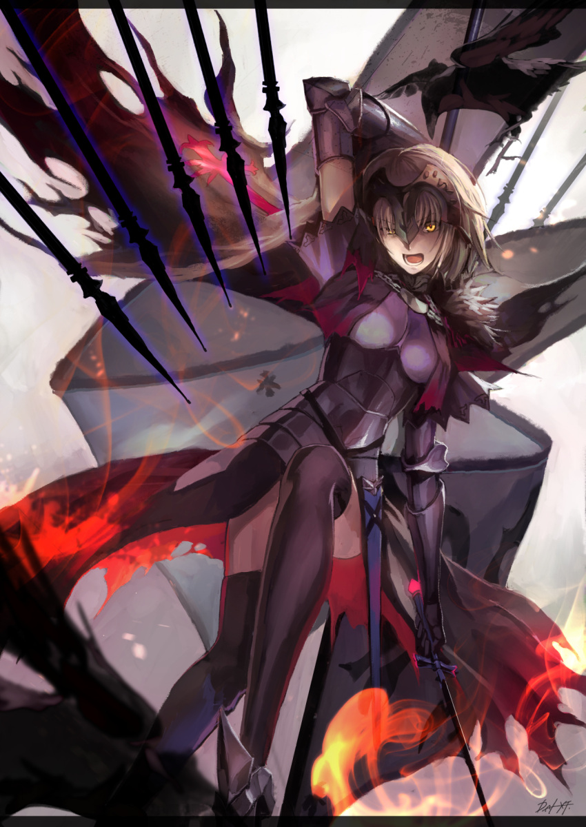 1girl arm_up armor armored_dress black_dress black_legwear blonde_hair breasts breasts_apart dai-xt dress fate/grand_order fate_(series) gauntlets hair_between_eyes hair_ornament highres holding holding_sword holding_weapon jeanne_alter looking_at_viewer medium_breasts open_mouth ruler_(fate/apocrypha) short_hair short_sleeves signature solo standing sword thigh-highs weapon yellow_eyes