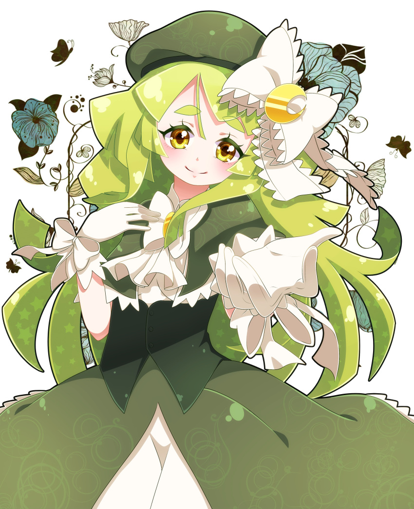 1girl absurdres ascot bow bowtie commentary_request crescent dress flower gen'ei_wo_kakeru_taiyo gloves green_hair green_hat hair_bow hand_on_own_chest hat highres long_hair looking_at_viewer outstretched_arm reaching_out revision smile solo tsukuyomi_luna white_gloves white_neckwear yellow_eyes yupiteru
