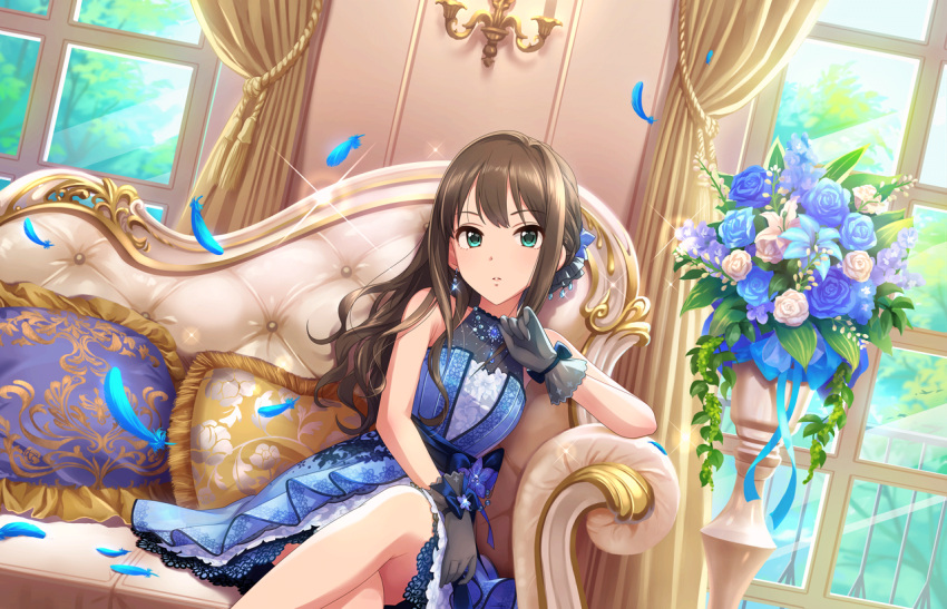 1girl artist_request bangs bare_shoulders blue_dress blue_rose bouquet brown_hair couch curtains dress earrings feathers flower gloves green_eyes hair_ornament idolmaster idolmaster_cinderella_girls idolmaster_cinderella_girls_starlight_stage jewelry lace legs_crossed long_hair looking_at_viewer necklace official_art parted_lips pillow ribbon rose shibuya_rin sitting sleeveless sleeveless_dress window