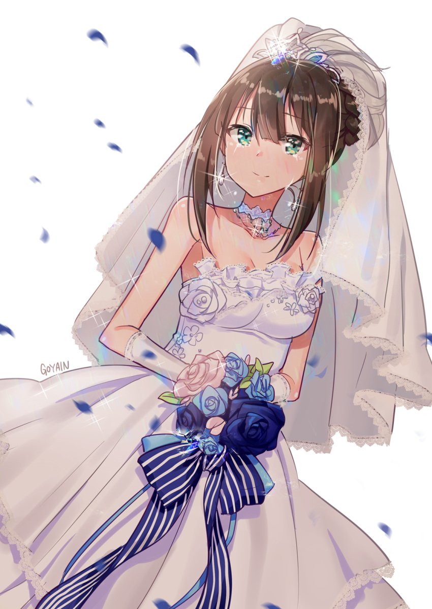 1girl artist_name bangs bare_shoulders blue_rose blunt_bangs blurry blush bouquet breasts bridal_veil bride brown_hair cleavage closed_mouth collarbone cowboy_shot crying crying_with_eyes_open dress dutch_angle earrings elbow_gloves eyebrows_visible_through_hair flower glint gloves green_eyes happy_tears highres holding holding_bouquet idolmaster idolmaster_cinderella_girls jewelry jewriel lace lace-trimmed_dress lace_trim looking_at_viewer medium_breasts motion_blur necklace petals pink_rose rose shibuya_rin sidelocks simple_background smile solo sparkle standing strapless strapless_dress tears tiara veil wedding_dress white_background white_choker white_dress white_gloves white_rose