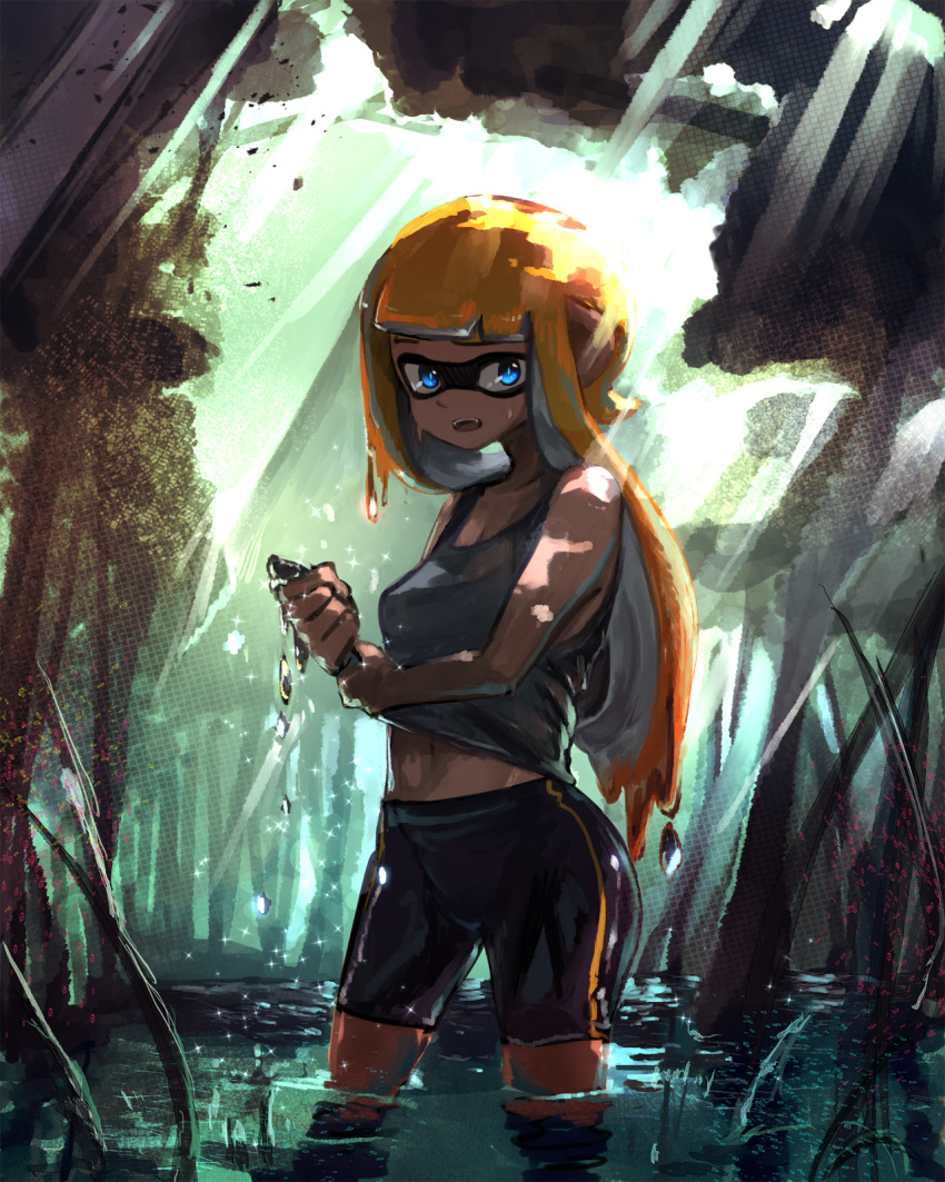 1girl bangs bare_arms bare_shoulders bike_shorts black_shorts blue_eyes blunt_bangs collarbone dappled_sunlight day domino_mask drying_clothes fangs forest grey_shirt highres inkling kashu_(hizake) lake legs_apart light_rays long_hair looking_at_viewer mask monster_girl nature navel open_mouth orange_hair outdoors pointy_ears shade shirt shorts silhouette single_vertical_stripe solo sparkle splatoon standing sunlight tank_top tentacle_hair tree wading water_drop wet wet_clothes wet_hair wringing_clothes