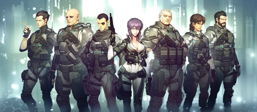 1girl batou beard body_armor boma_(ghost_in_the_shell) cigarette cyberpunk cyborg facial_hair ghost_in_the_shell ghost_in_the_shell_stand_alone_complex gun handgun ishikawa kusanagi_motoko manly multiple_boys paz police realistic saitou_(ghost_in_the_shell) science_fiction submachine_gun tataar togusa vest weapon