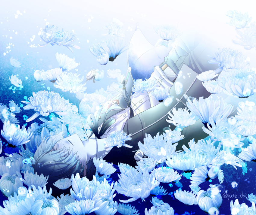 1boy blue blue_background closed_eyes floating_hair flower light lying megami_tensei on_back persona persona_3 petals_on_water school_uniform shin_megami_tensei signature sinking twitter_username underwater water yuuki_makoto