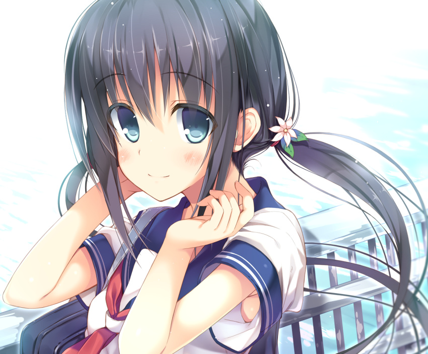 1girl armpit_peek bangs black_hair blue_eyes blush closed_mouth eyebrows_visible_through_hair flower hair_between_eyes hair_flower hair_ornament hands_up long_hair looking_at_viewer low_twintails neckerchief nozomi_tsubame original outdoors pink_flower railing red_neckerchief short_sleeves sidelocks smile solo twintails