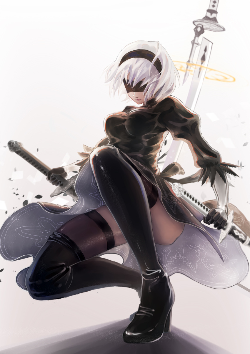 back_cutout black_dress black_hairband blindfold boots cleavage_cutout dress feather-trimmed_sleeves hairband highres leotard long_sleeves nier_(series) nier_automata silver_hair thigh-highs thigh_boots thighhighs_under_boots tss-mire white_leotard yorha_no._2_type_b