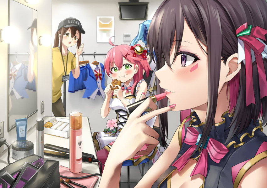 3girls :t ahoge applying_makeup azki_(hololive) bag bangs baseball_cap bell black_hair black_headwear blush bottle breasts brown_hair character_request colored_inner_hair commentary_request corset cosmetics dress eating eyebrows_visible_through_hair food food_on_face green_eyes hair_bell hair_between_eyes hair_ornament hair_ribbon hand_up hands_up hat highres holding holding_food holding_lipstick_tube hololive id_card indoors jingle_bell kito_koruta lanyard lipstick_tube looking_at_another medium_breasts mirror multicolored_hair multiple_girls nail_polish one_side_up parted_lips pink_hair pink_nails pink_ribbon ribbon sakura_miko shirt short_sleeves sitting sleeveless sleeveless_dress standing violet_eyes virtual_youtuber white_dress yellow_eyes yellow_shirt