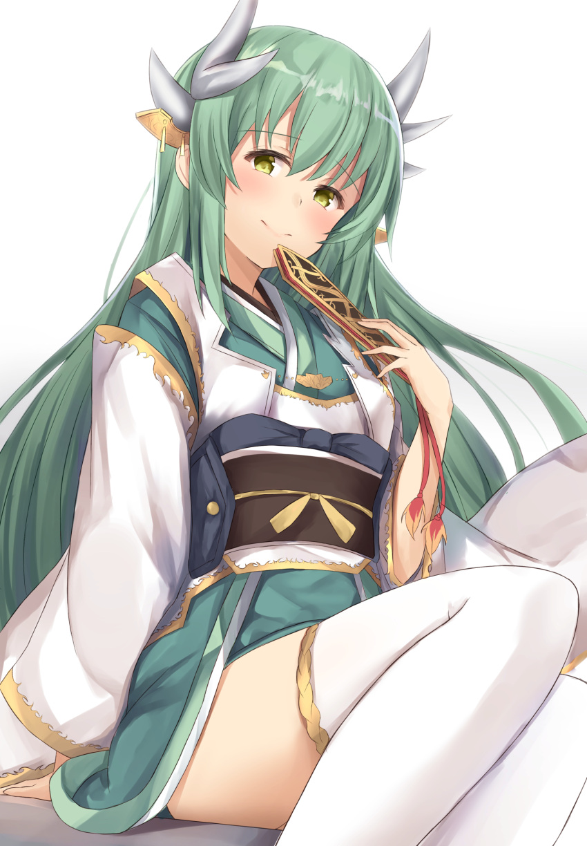 1girl absurdres bangs closed_mouth eyebrows_visible_through_hair fan fate/grand_order fate_(series) folding_fan green_hair hand_up highres holding holding_fan horns japanese_clothes kiyohime_(fate/grand_order) legs_together long_hair maosame sash simple_background sitting smile solo thigh-highs thighs white_background white_legwear yellow_eyes