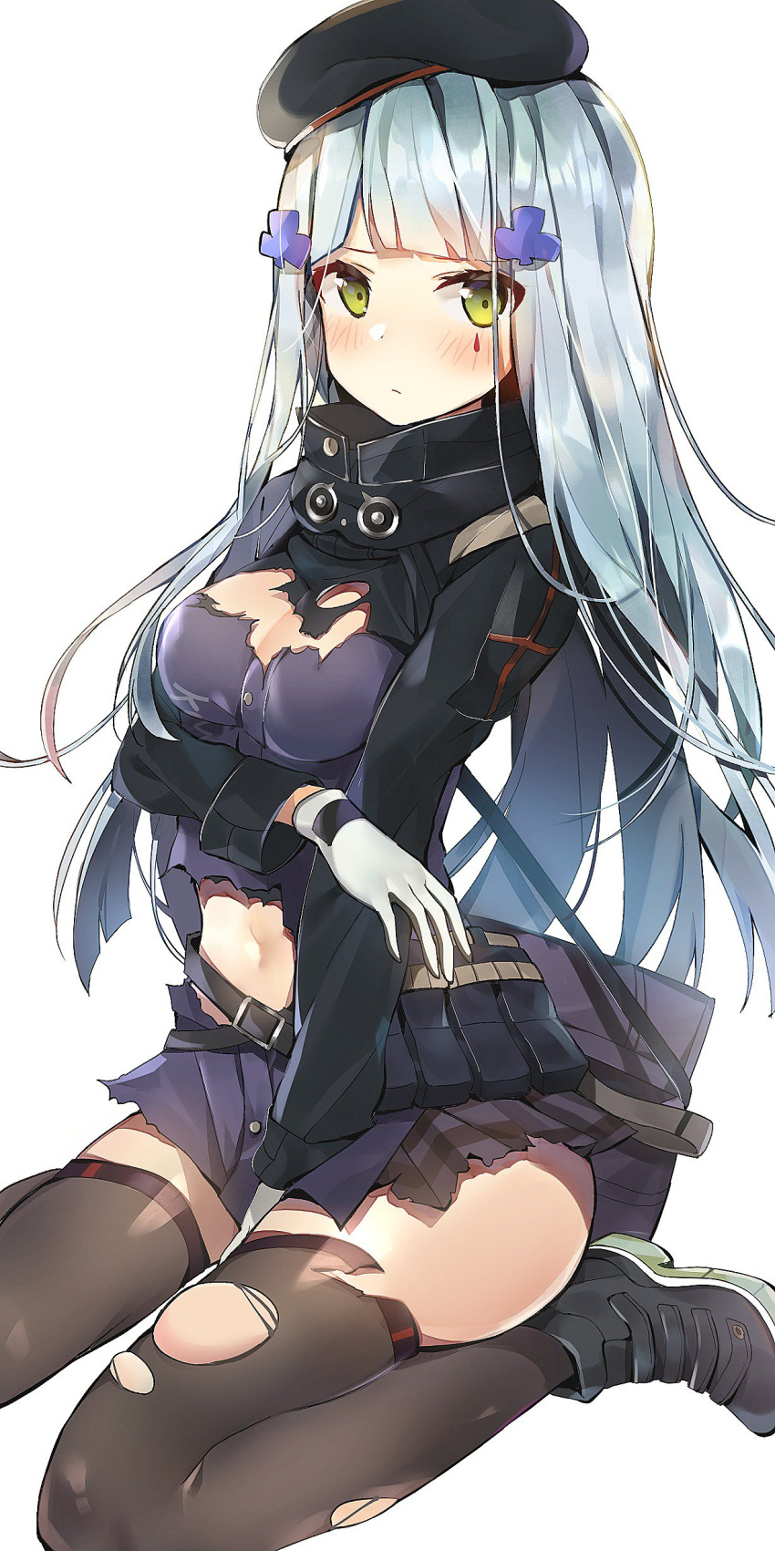 1girl absurdres bangs beret between_legs black_legwear black_skirt blunt_bangs blush breasts cleavage closed_mouth facial_tattoo girls_frontline gloves green_eyes hair_ornament hairclip hand_between_legs hat highres hk416_(girls_frontline) kneeling kurut kurutsu long_hair looking_at_viewer medium_breasts miniskirt navel pleated_skirt shoes silver_hair simple_background sitting skirt sneakers solo tattoo teardrop thigh-highs thighs torn_clothes torn_thighhighs wariza white_background white_gloves