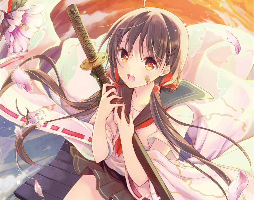 1girl ahoge bandaid bandaid_on_face bangs black_skirt brown_eyes brown_hair cocoa_(cafe-hotcocoa) detached_sleeves eyebrows_visible_through_hair hair_ornament hair_ribbon hairclip holding holding_sword holding_weapon katana long_hair looking_at_viewer low_twintails miniskirt neckerchief open_mouth original outdoors petals pink_flower pleated_skirt red_neckerchief red_ribbon ribbon ribbon-trimmed_sleeves ribbon_trim school_uniform serafuku sheath sheathed short_sleeves sitting skirt smile solo sword teeth twintails upper_body weapon