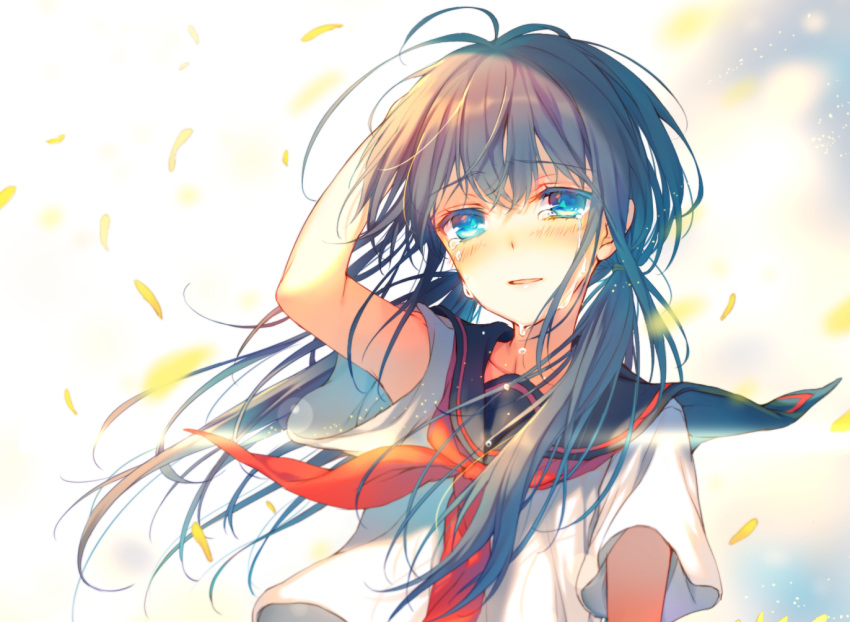 1girl aqua_eyes arm_up bangs black_hair blush crying crying_with_eyes_open eyebrows_visible_through_hair feathers hand_in_hair light_smile long_hair low_twintails neckerchief original parted_lips red_neckerchief reia school_uniform serafuku solo tears twintails upper_body