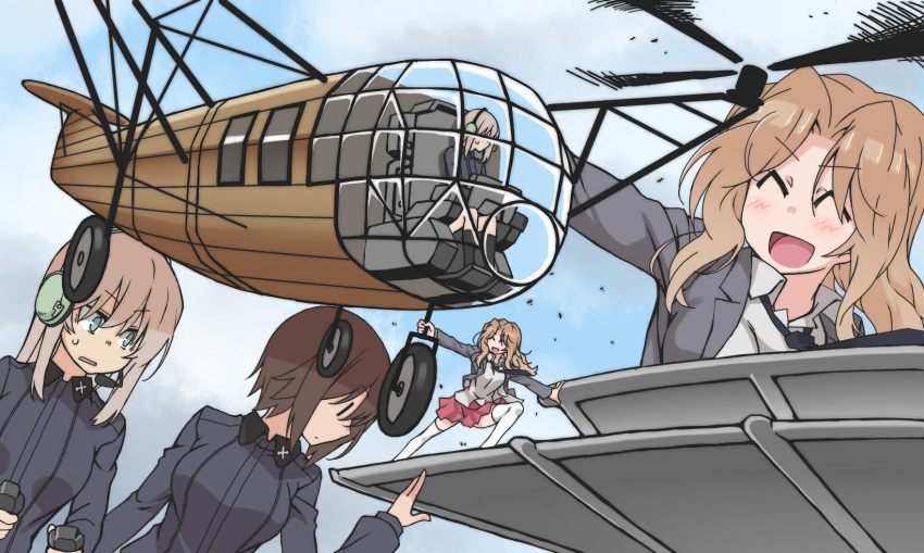 3girls ^_^ ^o^ aircraft bangs black_necktie blazer blonde_hair blue_eyes blue_sky breasts brown_eyes brown_hair captain_america_civil_war closed_eyes closed_mouth clouds cloudy_sky cockpit collared_shirt day eyebrows_visible_through_hair girls_und_panzer green_eyes grey_jacket hair_between_eyes hair_intakes hand_up headphones headset helicopter highres itsumi_erika jacket kay_(girls_und_panzer) long_hair long_sleeves looking_at_another loose_necktie military military_uniform motion_blur multiple_girls necktie nishizumi_maho open_clothes open_jacket open_mouth pleated_skirt red_skirt saunders_military_uniform saunders_school_uniform school_uniform shirt shoes short_hair skirt sky smile sneakers standing sweatdrop thigh-highs uniform wanabeee white_legwear white_shirt wind |_|