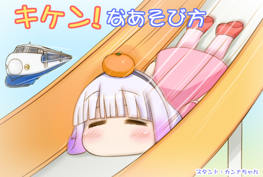 1girl =_= afterimage bangs black_hairband blue_background blunt_bangs blush chibi closed_eyes commentary_request dress eyebrows_visible_through_hair eyelashes facing_viewer food food_on_head fruit fruit_on_head gradient_hair ground_vehicle hairband kanna_kamui kobayashi-san_chi_no_maidragon lavender_hair long_hair lying mandarin_orange multicolored_hair no_mouth object_on_head on_stomach pink_dress raised_eyebrows red_shoes shoes simple_background slide sliding solo speed_lines text train translation_request two-tone_hair vorpal_piggy