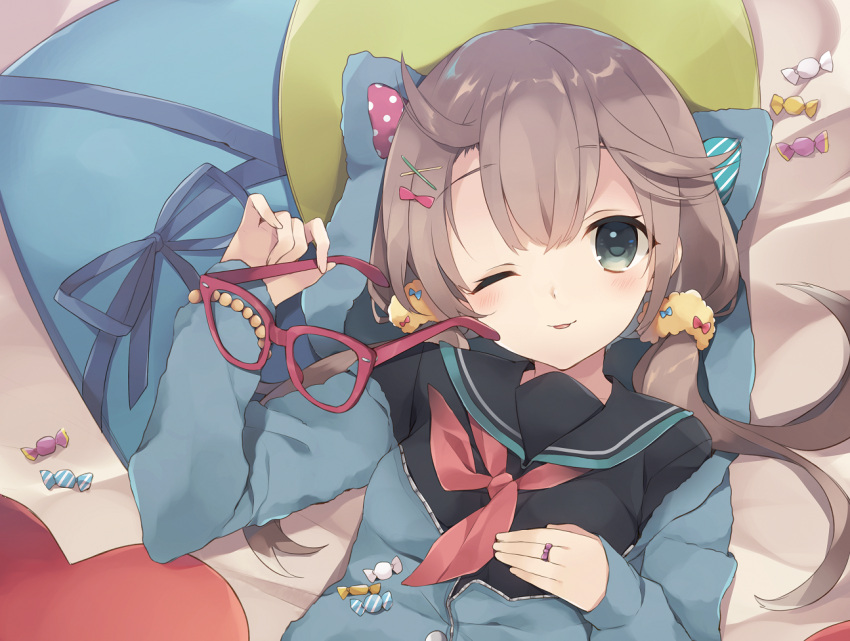 1girl ;p animal_hood bangs bed_sheet bow breasts brown_hair candy cat_hood closed_mouth enomoto_hina eyebrows_visible_through_hair food glasses glasses_removed grey_eyes hair_between_eyes hair_bow hair_flaps hair_ornament hair_scrunchie hand_on_own_chest heart hood hoodie jewelry long_hair long_sleeves looking_at_viewer low_twintails lying neckerchief on_back one_eye_closed original pillow red-framed_eyewear red_bow red_neckerchief removing_glasses ring school_uniform scrunchie serafuku small_breasts smile solo tongue tongue_out twintails upper_body x_hair_ornament