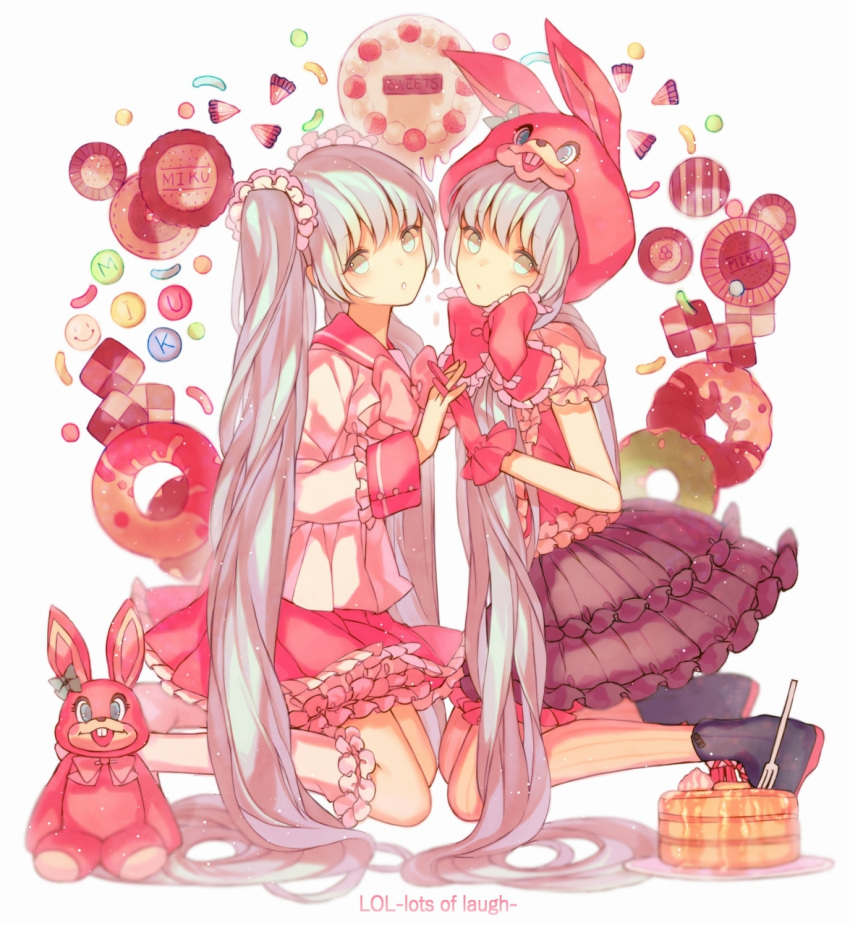 2girls animal_hood bangs black_skirt bunny_hood candy character_name checkerboard_cookie closed_mouth cookie copyright_name doughnut food fork frills from_side gloves grey_eyes grey_hair hand_holding hatsune_miku highres hood interlocked_fingers kneeling long_hair long_sleeves looking_at_viewer lots_of_laugh_(vocaloid) multiple_girls pancake parted_lips pink_gloves pink_skirt sailor_collar school_uniform serafuku short_sleeves sidelocks skirt stuffed_animal stuffed_bunny stuffed_toy sweets symmetry twintails very_long_hair vocaloid yasiromann