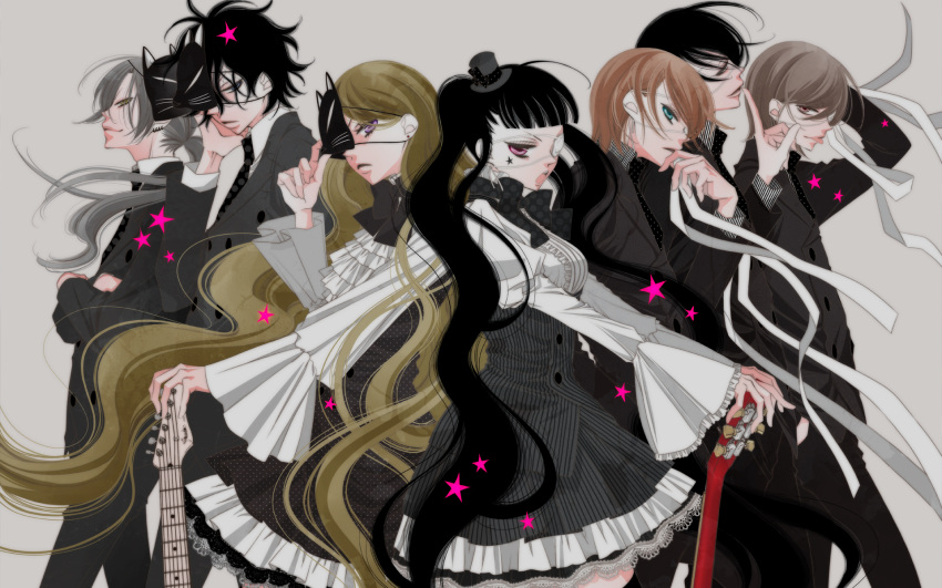 arisugawa_nino back-to-back bandage black_hair brown_hair closed_mouth crossed_arms dress everyone eyepatch facial_mark finger_to_mouth formal fukumenkei_noise fukuyama_ryoko grey_hair guitar hand_behind_head hand_on_head hat highres instrument lolita_fashion long_hair male_focus mask mask_removed mini_hat mini_top_hat official_art official_wallpaper one_eye_covered open_mouth ponytail sakaki_momo short_hair suit tied_hair top_hat wallpaper