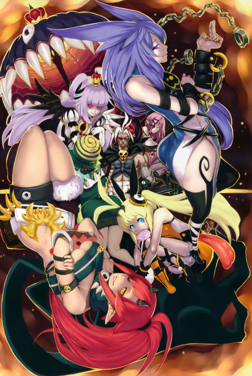 1boy 6+girls absurdres ahoge ashmedia blonde_hair blue_eyes blue_hair crown fegor green_eyes highres horns levia long_hair looking_at_viewer makai_shin_trillion mammon_(makai_shin_trillion) multiple_girls official_art perpell pink_hair pointy_ears red_eyes redhead ruche white_hair wings zeabolos