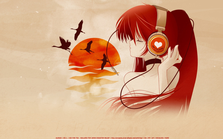1girl bird choker closed_eyes crying floating_hair hair_between_eyes hand_on_head hato_rami hatsune_miku headphones highres long_hair photoshop ponytail reflection shadow solo sunset vocaloid wallpaper wire